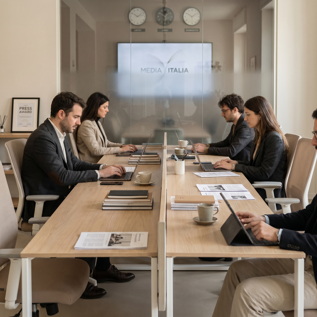 Team editoriale al lavoro attorno a un tavolo con computer e appunti